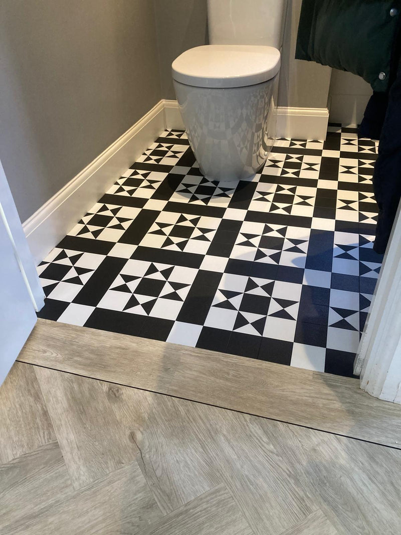 j2 Flooring Natural Timbers Herringbone - Pale Oak - blended in to Victorian Tile - Burford Black + White - from Hallway to WC