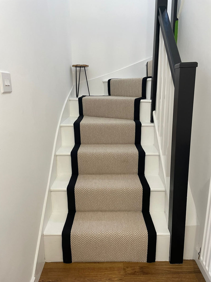 Fibre Flatweave Classics Herringbone - Chalk - fitted with Anthracite Tapes to staircase