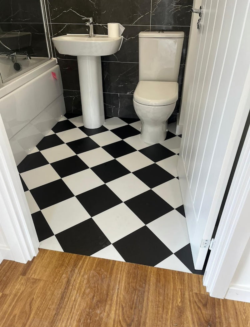 J2 Flooring Black & White Checker Board installed in Bathroom, blending in to Rustic Textures - Golden Oak