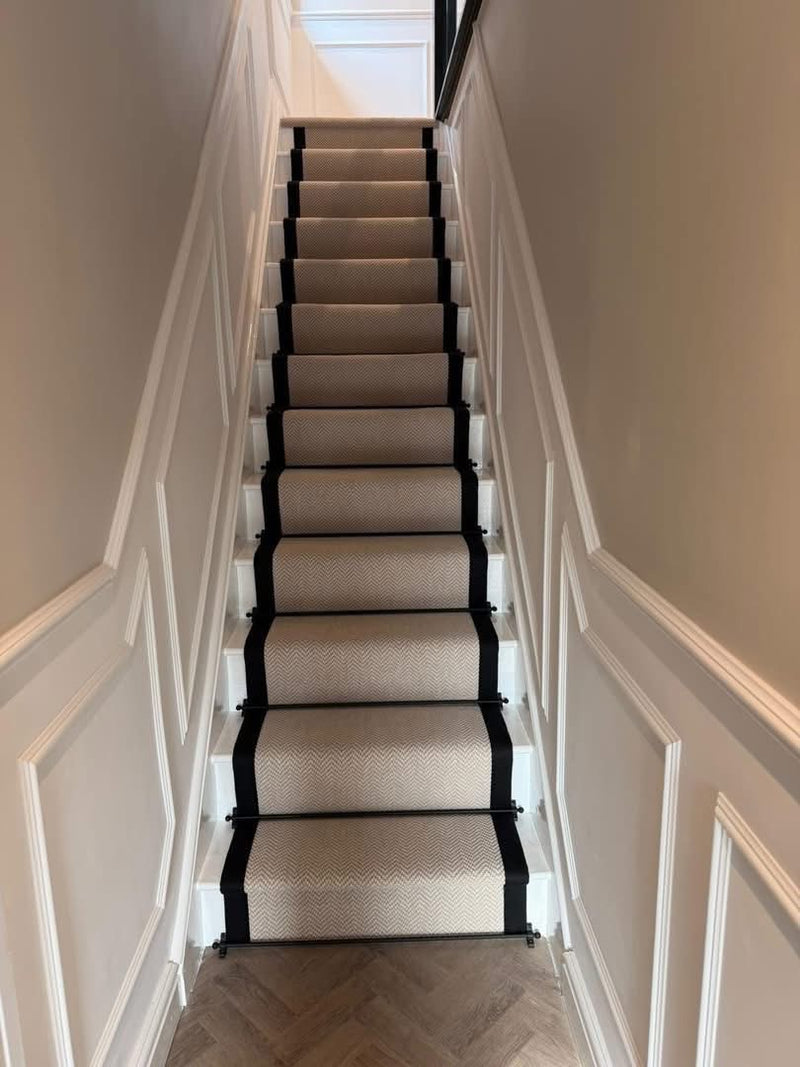 Fibre Flatweave Herringbone - Chalk - fitted as runner with black tapes