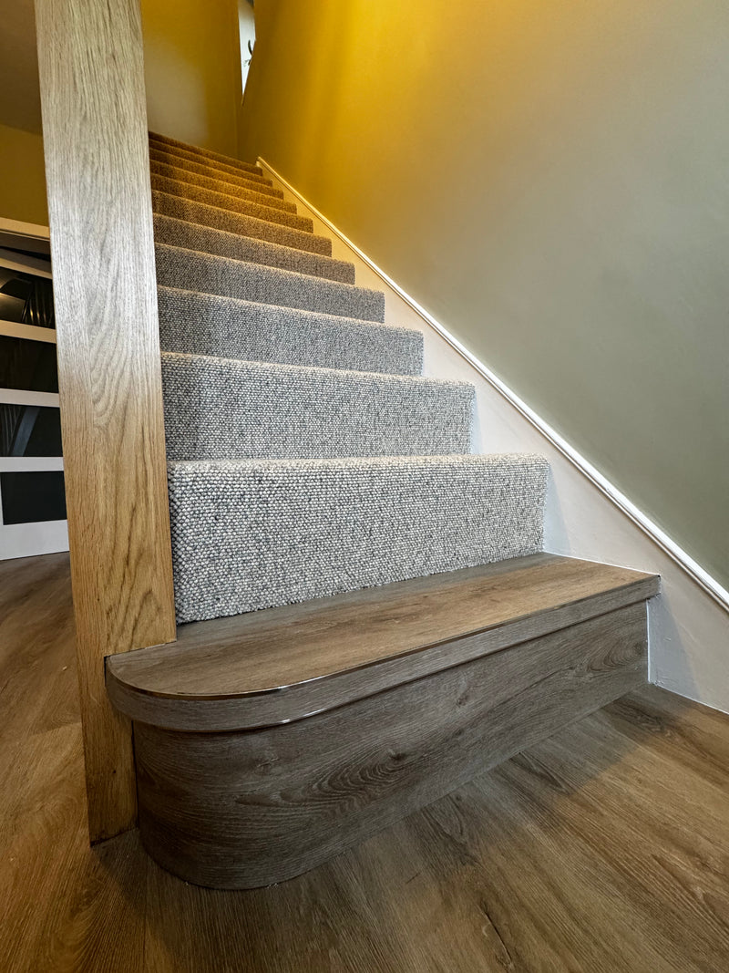 Brockway Padstore Carpet - Chamois Pebble Tweed - fitted to stairs with Stairrods Bendy Bull to Bullnose Step