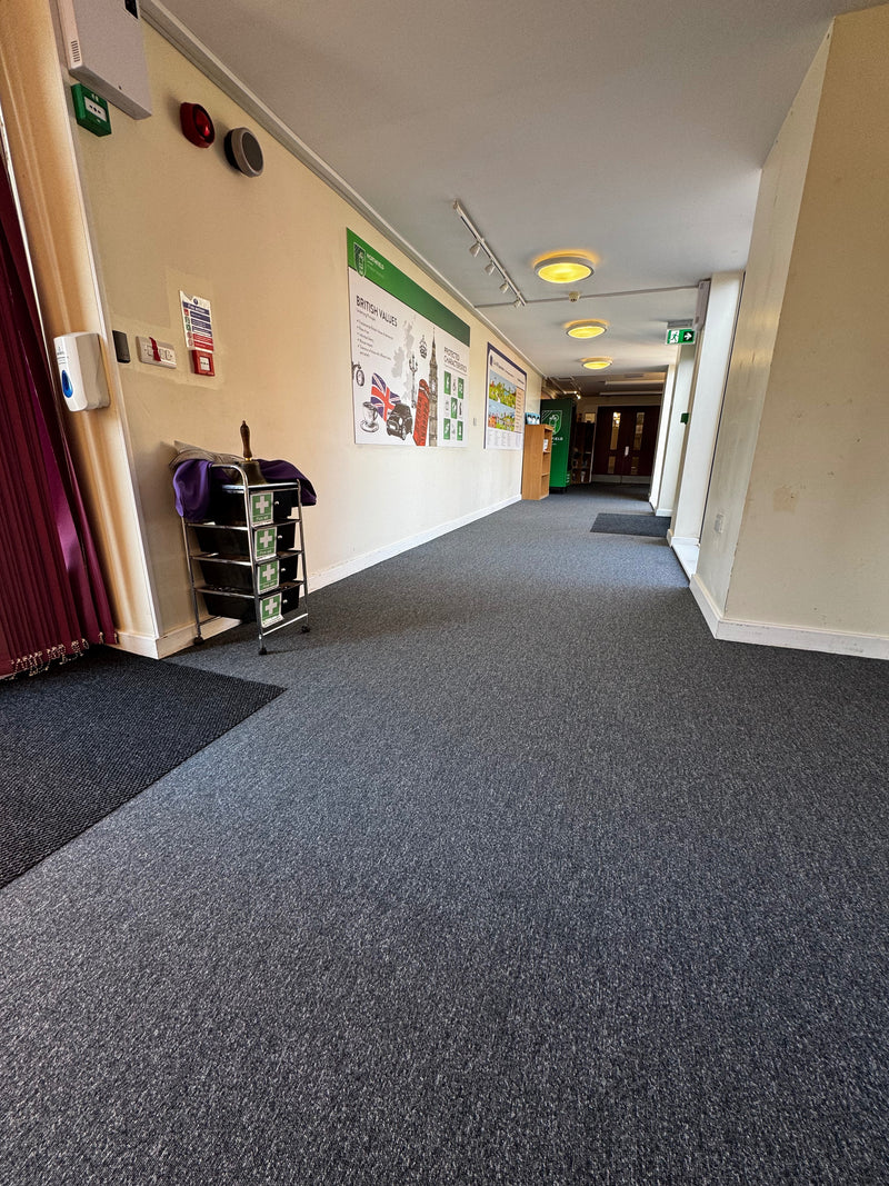 Burmatex GoTo Carpet Tiles - Coal Grey - fitted in circulation area, along side Grimebuster50 Barrier Matting - New Market Grey 
