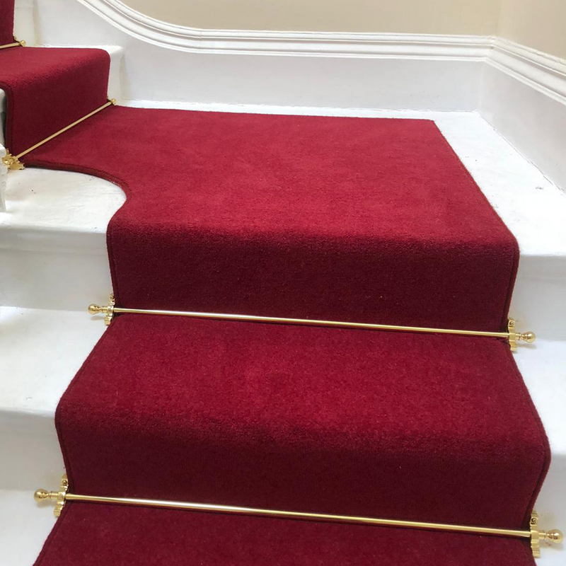 Cavalier Carpets Cosmopolitan Twist 60oz - Claret Red - fitted as customer runner & StairRods to staircase