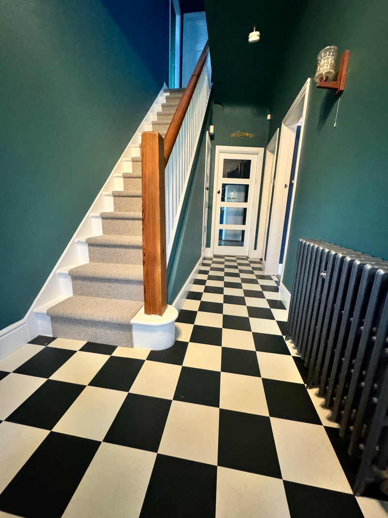 Harvey Maria Squares checkerboard with Linen White Stove Black - fitted in Hallway with Manx Tomkinson Designer Berber - Dove - fitted as bespoke runner to Staircase