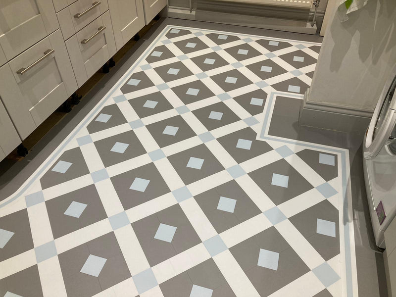 j2 Flooring Victorian Tile LVT - Balham Blue/White/Grey - fitted with full tile border and trim-colour design strip to perimeter