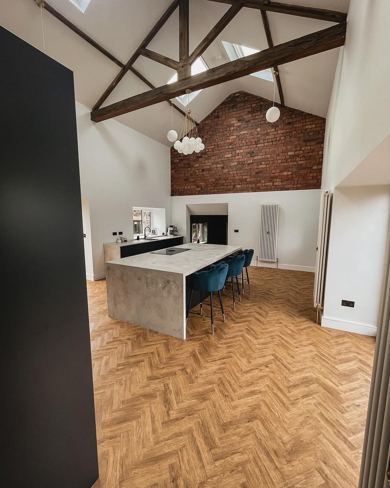 j2 flooring Natural Timbers LVT - Carpenters Oak Small Parquet- fitted in Kitchen