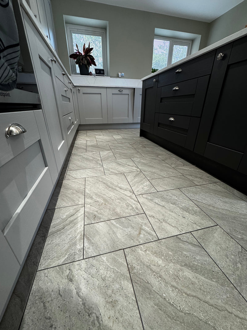 j2 Flooring Natural Stones LVT - Grey Riven Slate - fitted in custom made multi-tile formation with contrasting 3mm grout strip