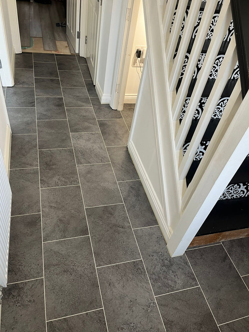 Karndean Knight Tile Stone - Cumbrian Stone - fitted with 3mm chalk design strip in Hallway